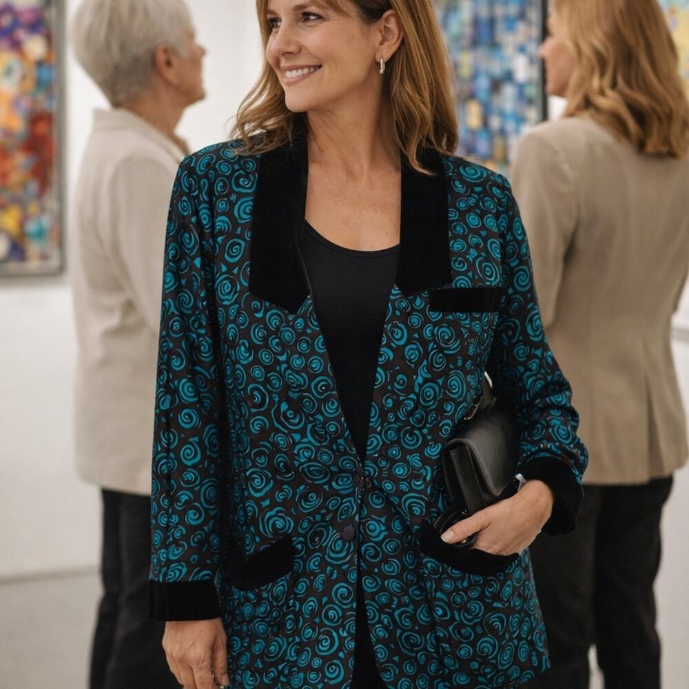 Flora Kung Silk Kimono Blazer L XL Teal Black Swirl Velvet Art Jacket